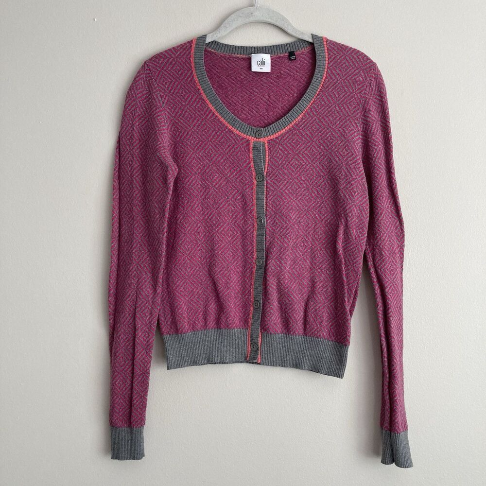 CAbi Meg Pink Gray Diamond Print Knit Women's Button Up Cardigan Sweater Size S